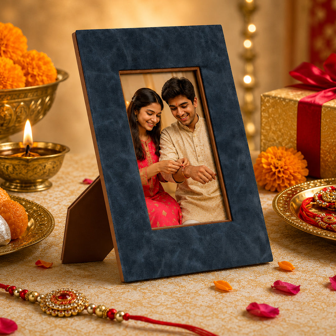 The Azure Canvas: Textured Leather Frame - Rakhi Gift Set