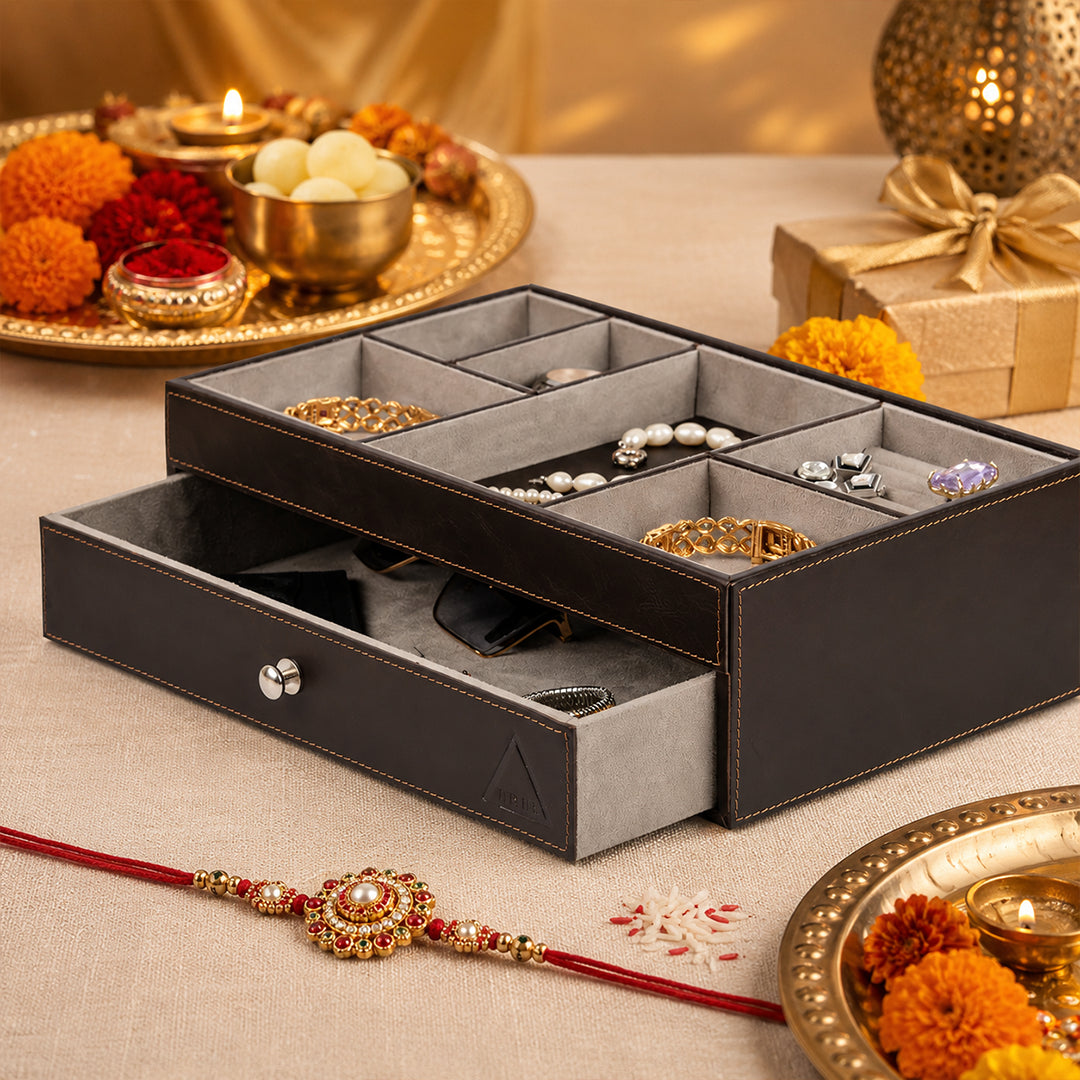 The Heritage Valet: Dual-Layer Organizer- Real Leather- Rakhi Gift Set
