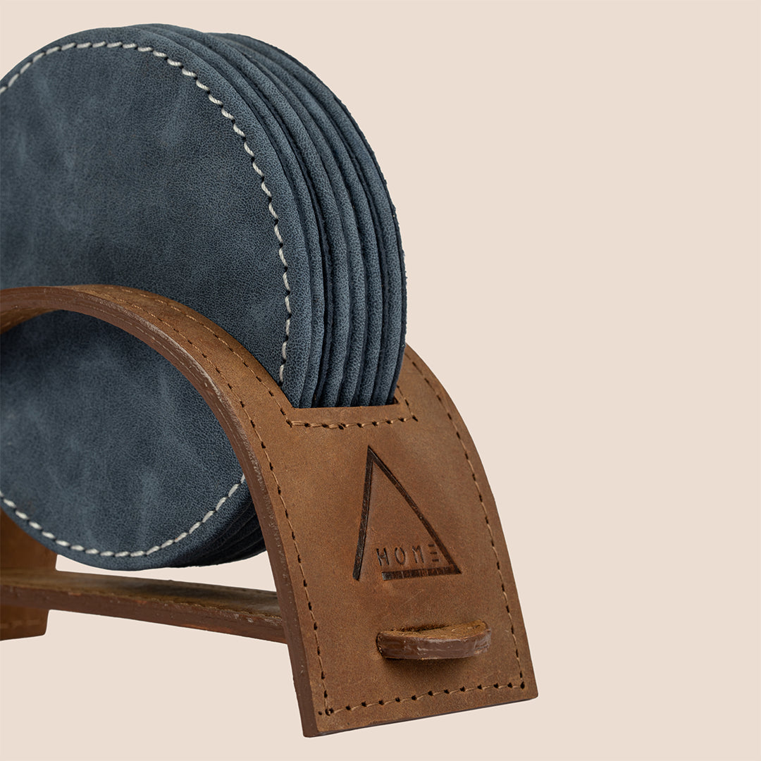 Saddle Arc Luxe Coasters – Set of 6 (with Leather Holder)