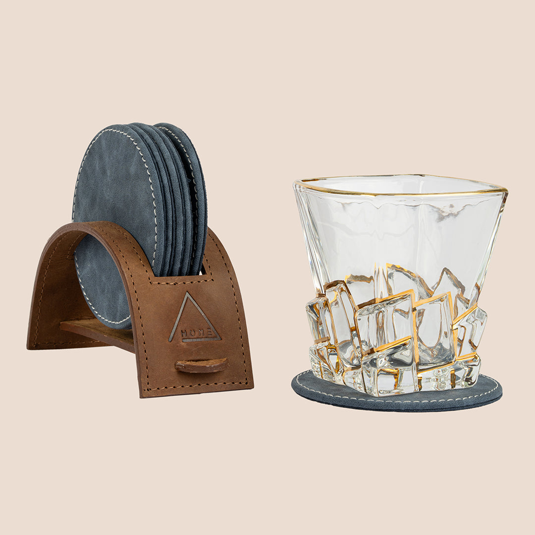 Saddle Arc Luxe Coasters – Set of 6 (with Leather Holder)