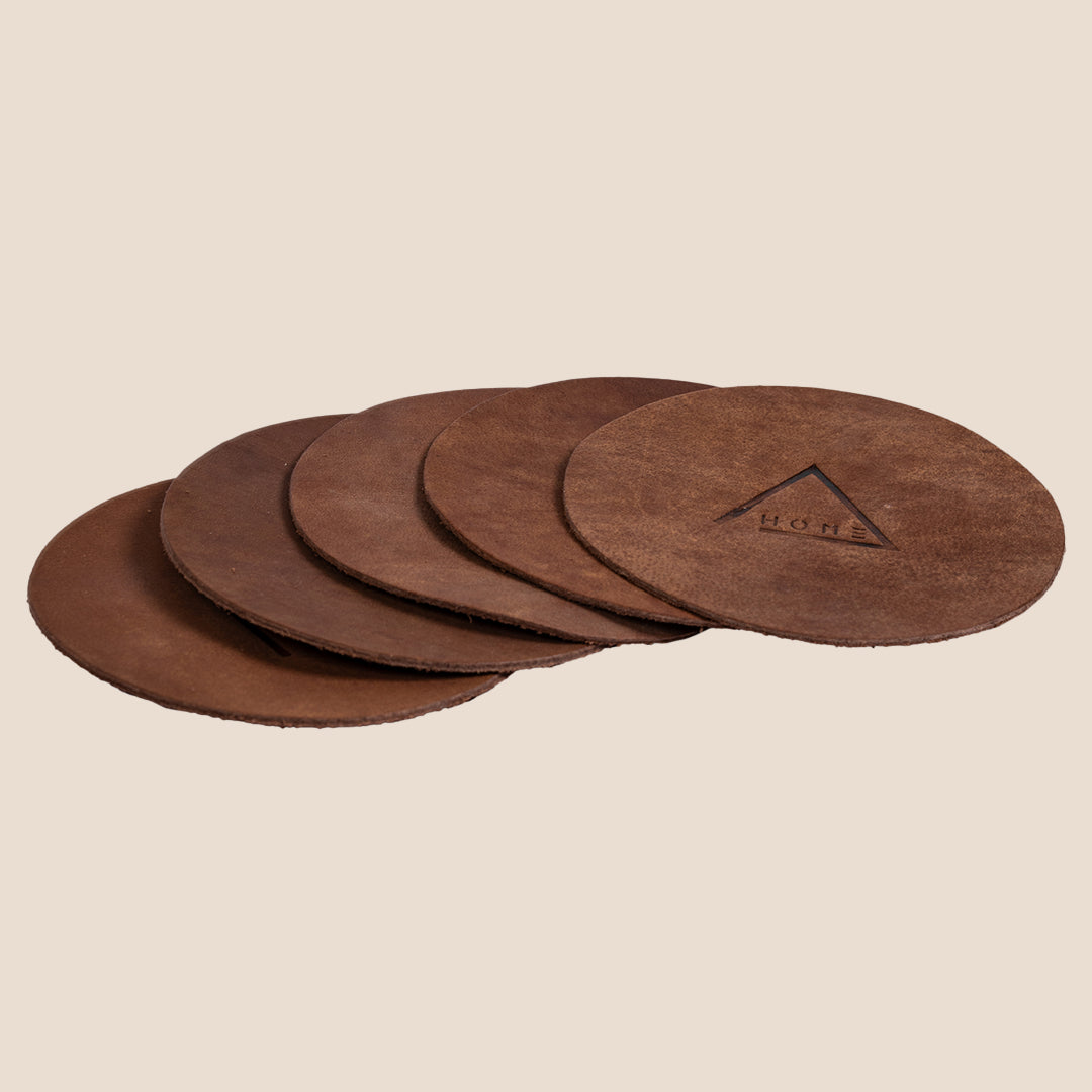 Regal Round Brown Coaster - Set of 5 (with band)- Real Leather