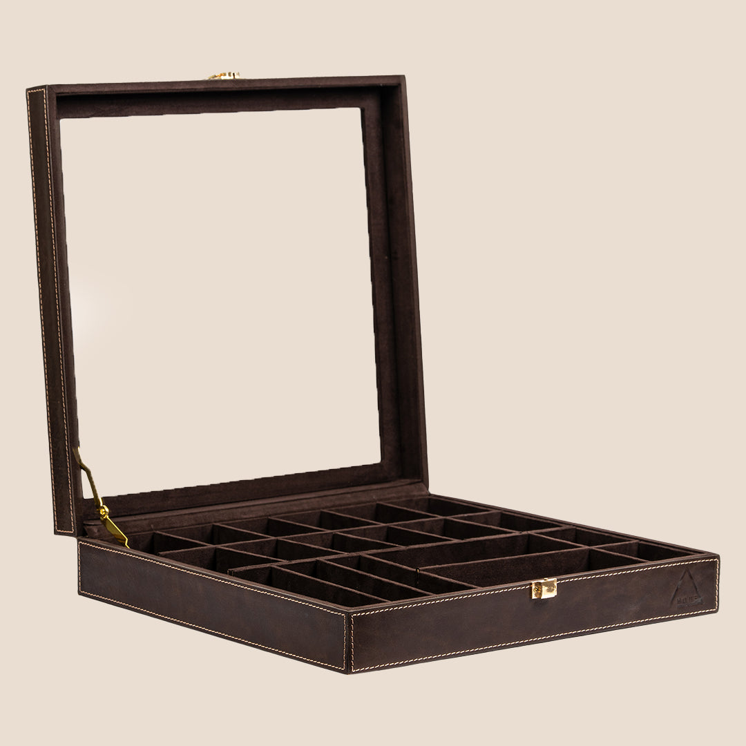 Dual Vault Crystal Top Watch & Jewel Box- Real Leather
