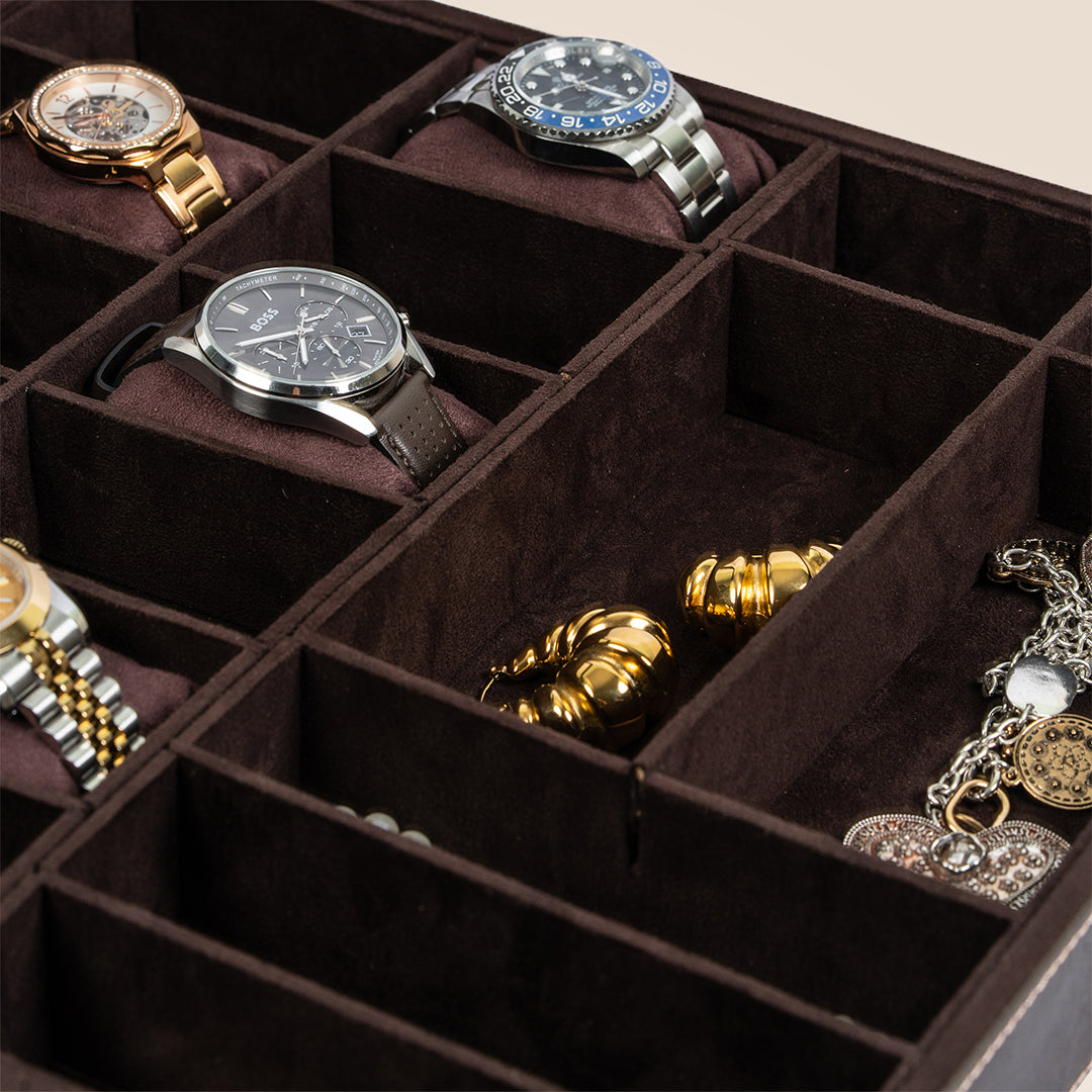 Dual Vault Crystal Top Watch & Jewel Box- Real Leather