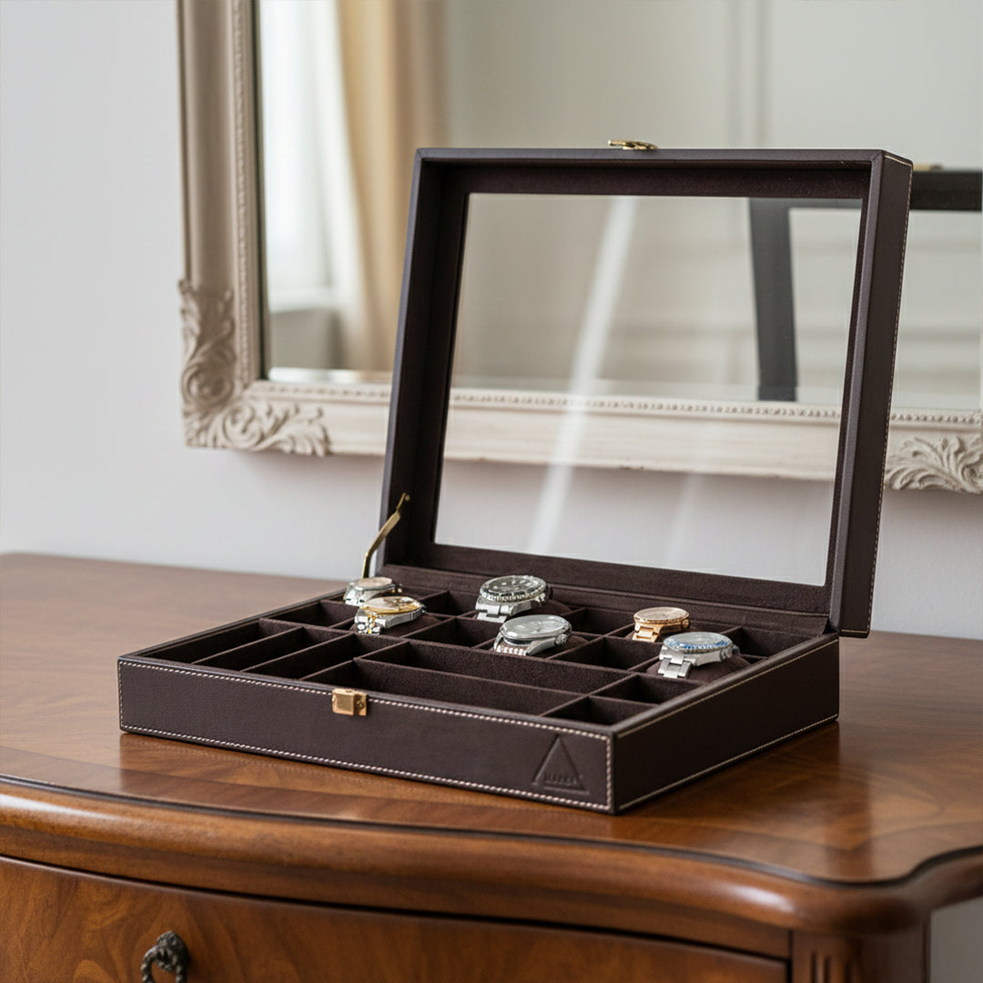Dual Vault Crystal Top Watch & Jewel Box- Real Leather